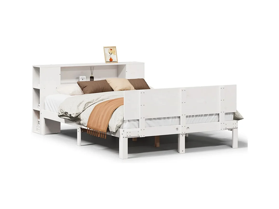 Lit bibliothèque sans matelas blanc 135x190 cm bois pin massif