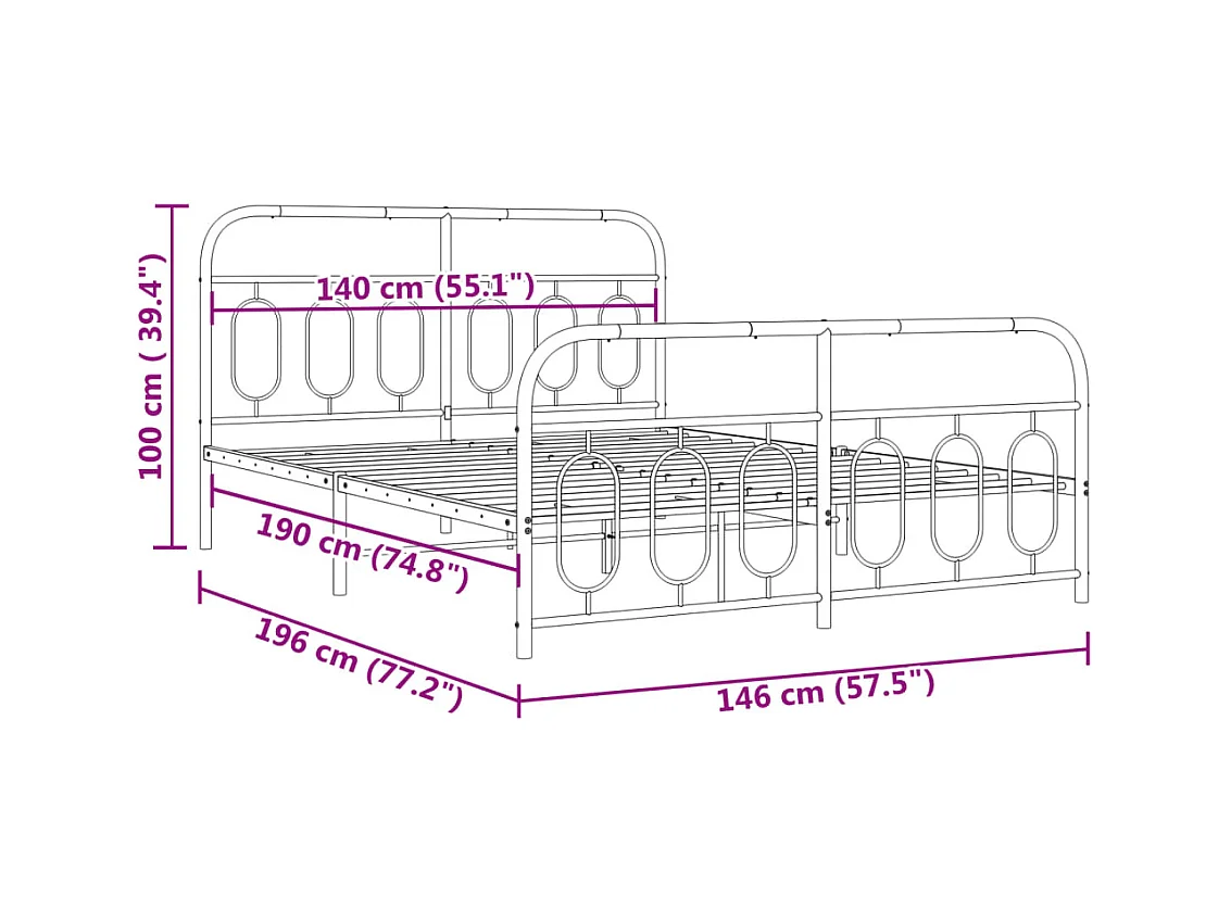 Metalen bedframe zonder matras met zwart voeteneinde 140x190cm