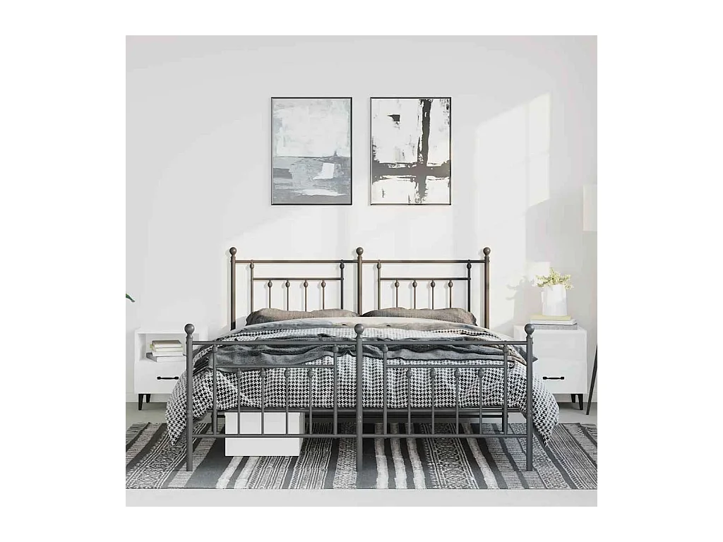 Cadre de lit métal sans matelas avec pied de lit noir 150x200cm