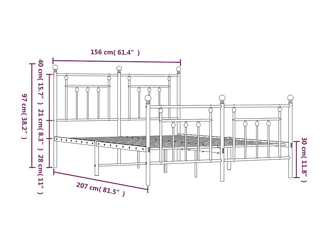 Metalen bedframe zonder matras met zwart voeteneinde 150x200cm