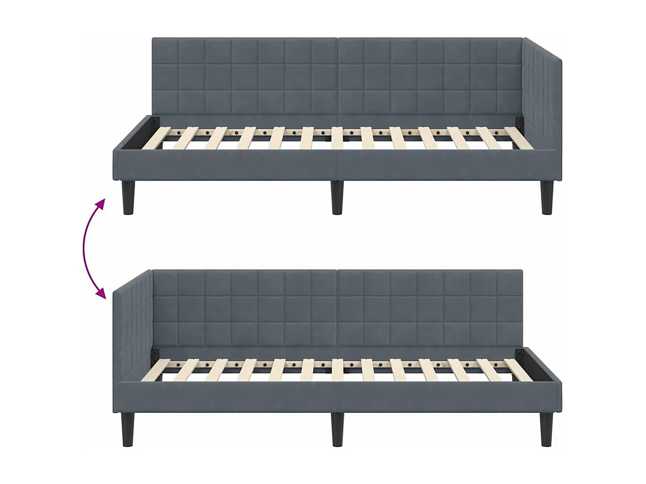 Estructura de cama esquinera gris oscuro de terciopelo de 90 x 190 cm