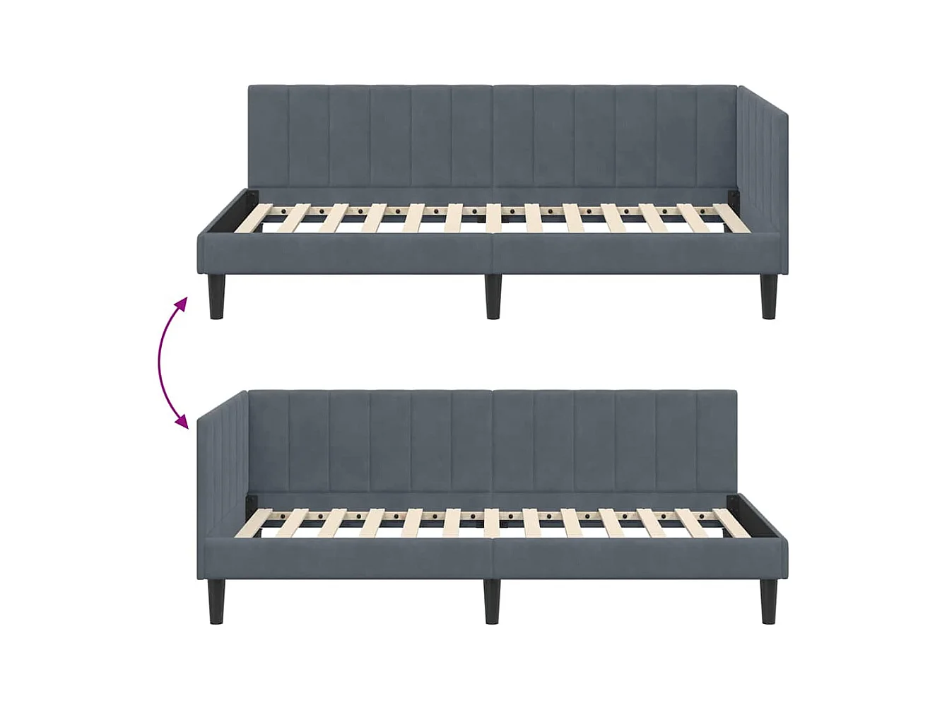 Estructura de cama esquinera gris oscuro de terciopelo de 90 x 190 cm