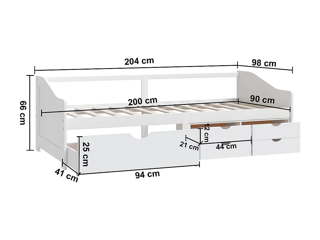 Diván 3 plazas con cajones Blanco Pino macizo 90x200 cm