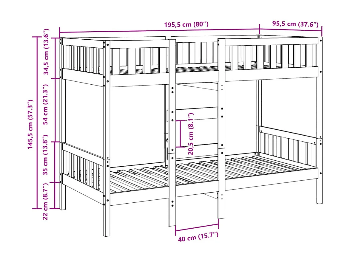 Letto a castello 90x190 cm Legno massello di pino