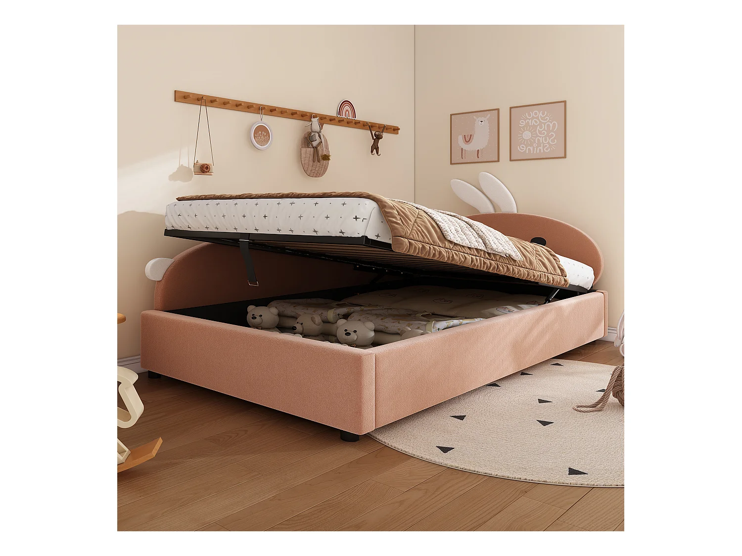 Lit enfant 90x200 cm, avec rangement hydraulique, tête de lit en forme de lapin, tissu en velours, gris et blanc, 205x93.5x92 cm