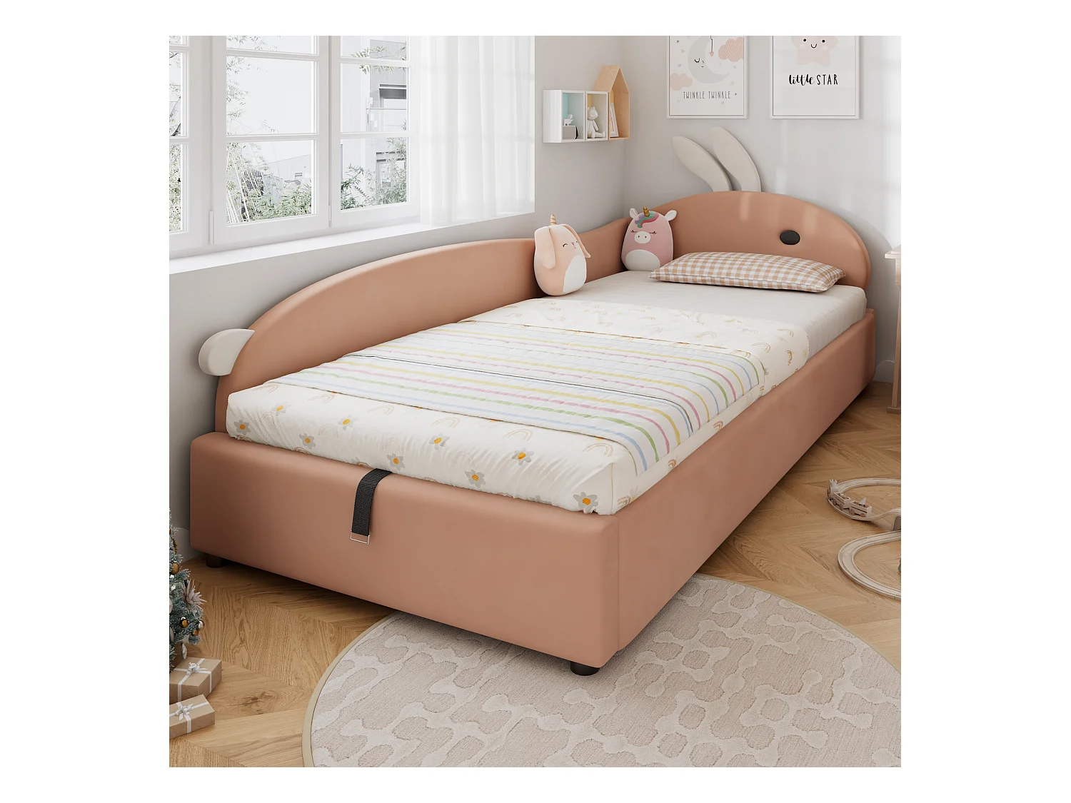 Lit enfant 90x200 cm, avec rangement hydraulique, tête de lit en forme de lapin, tissu en velours, gris et blanc, 205x93.5x92 cm