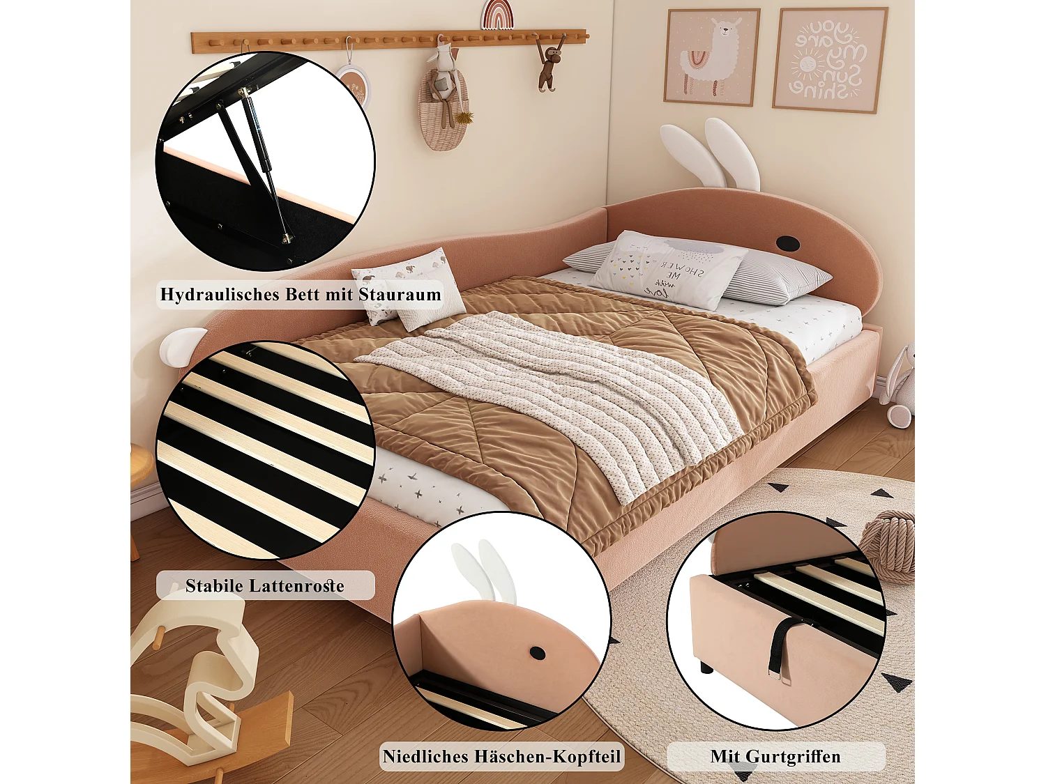 Lit enfant 90x200 cm, avec rangement hydraulique, tête de lit en forme de lapin, tissu en velours, gris et blanc, 205x93.5x92 cm