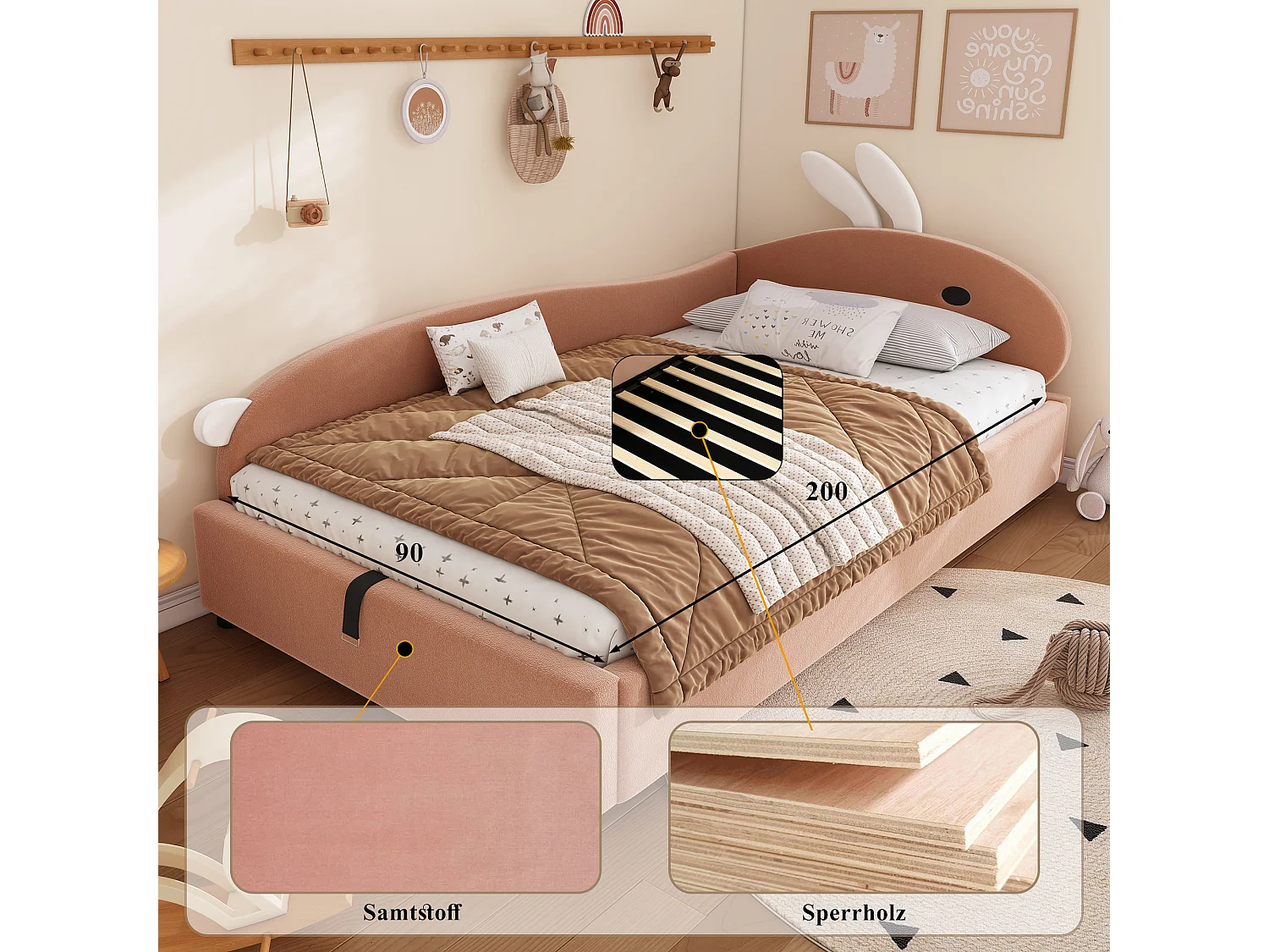 Lit enfant 90x200 cm, avec rangement hydraulique, tête de lit en forme de lapin, tissu en velours, gris et blanc, 205x93.5x92 cm