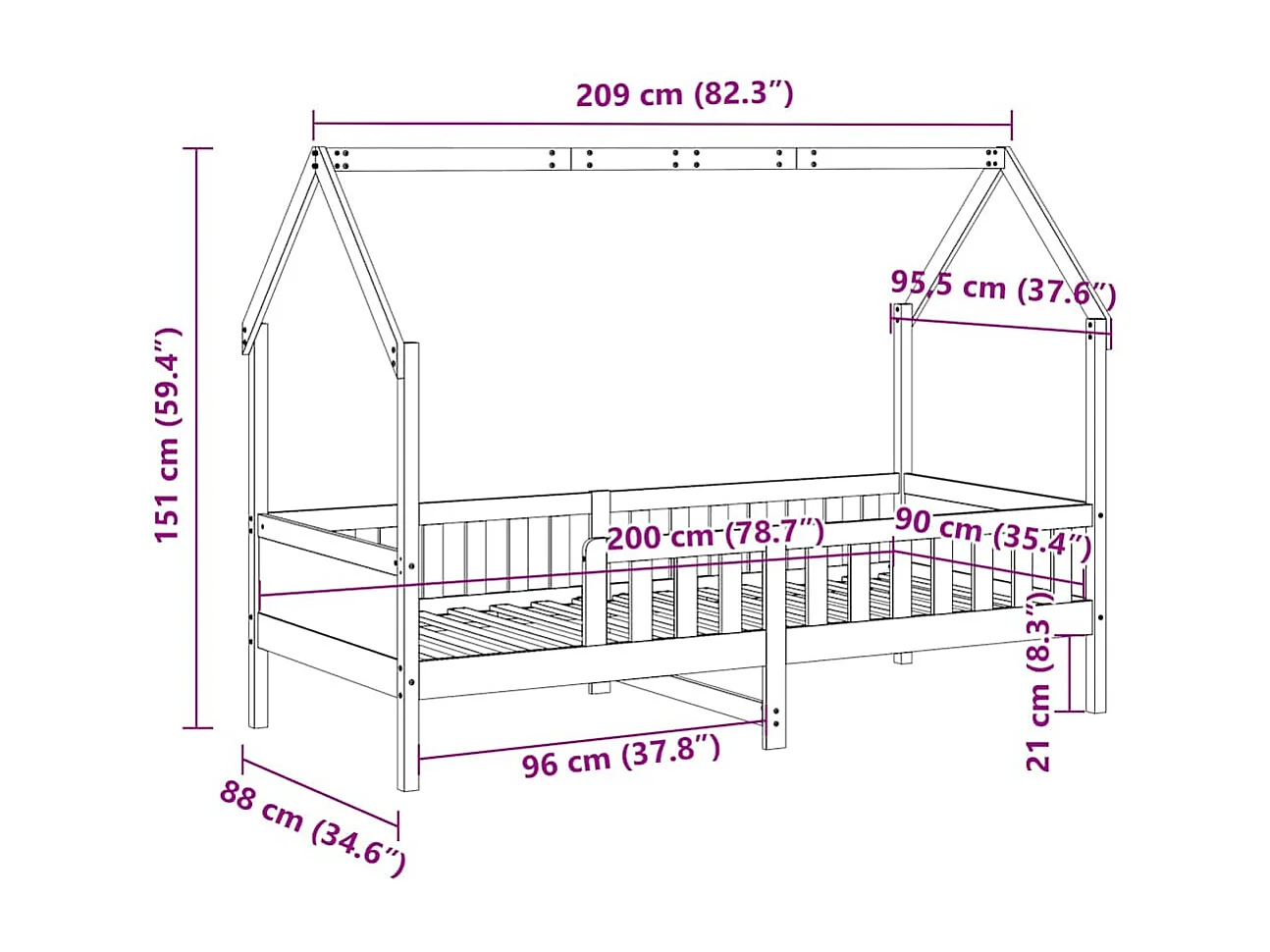 Struttura letto per bambini a forma di casa senza materasso in pino
