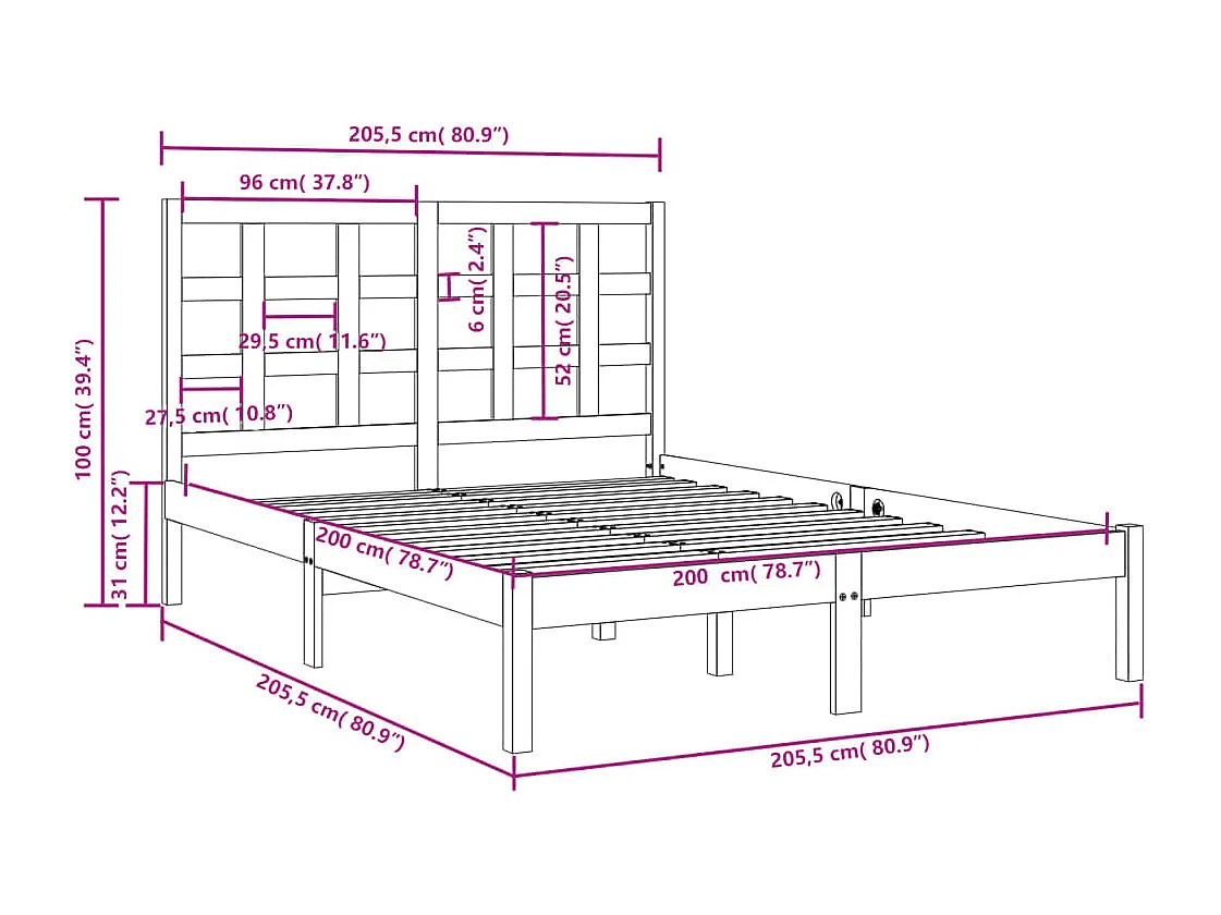 Bedframe zonder matras zwart 200x200 cm massief hout