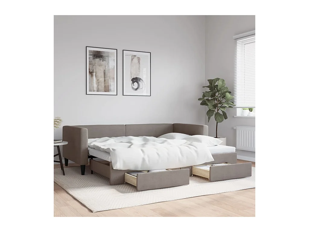 Lit de jour avec gigogne et tiroirs sans matelas taupe 90x200cm
