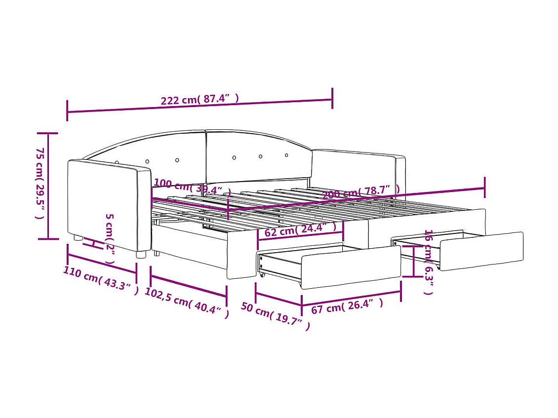 Dagbed met onderschuifbed en lades zonder matras 100x200 cm