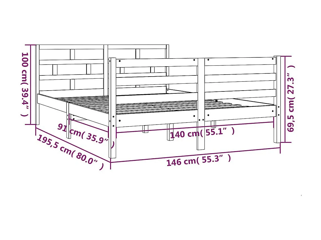 Cadre de lit sans matelas blanc bois massif 140x190 cm