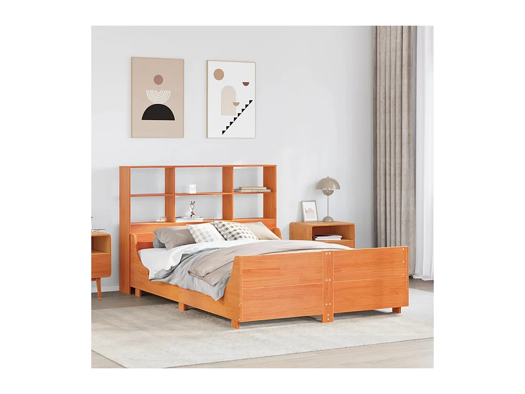 Cama librería sin colchón, color marrón cera, 140x200cm, madera maciza