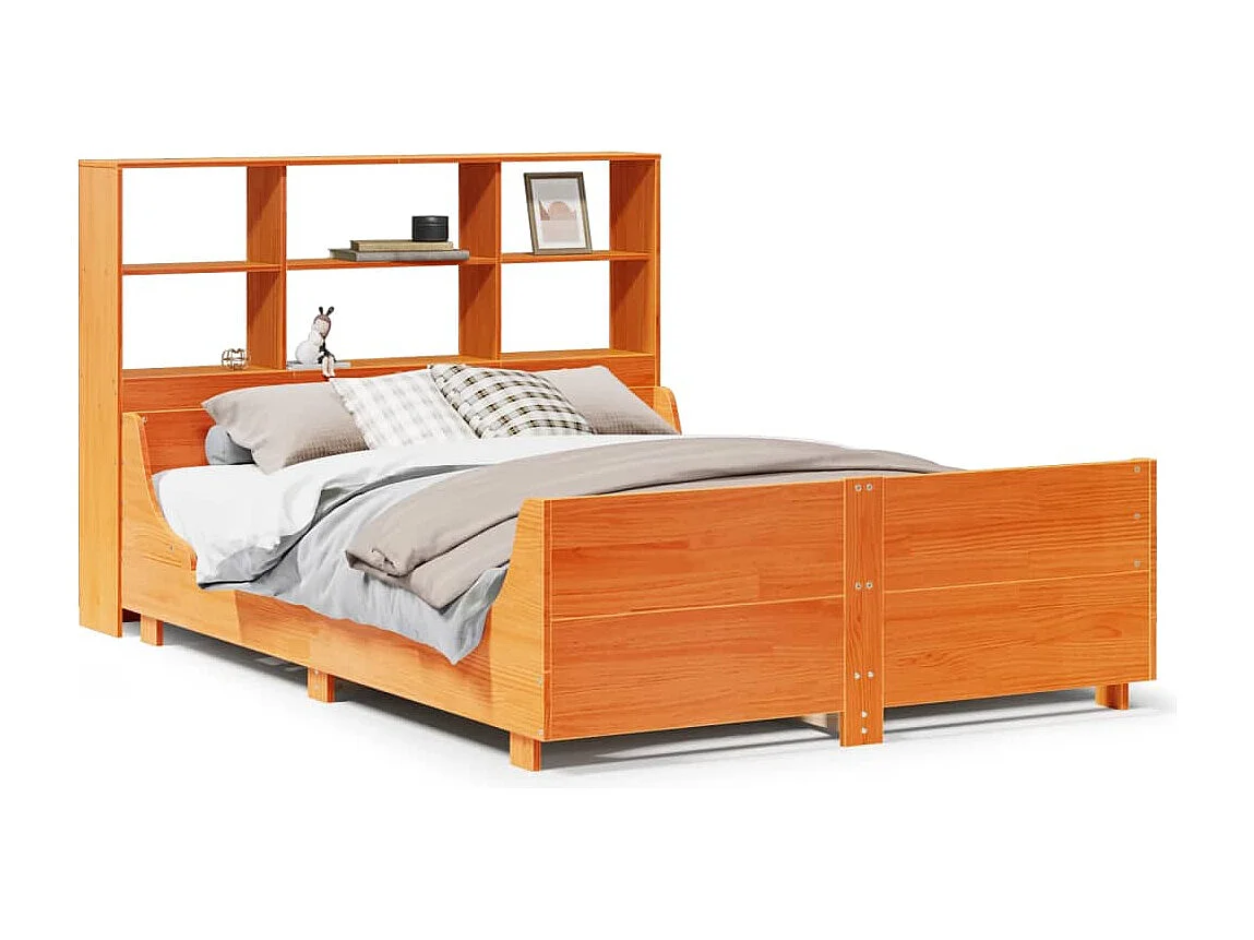 Lit bibliothèque sans matelas cire marron 140x200cm bois massif