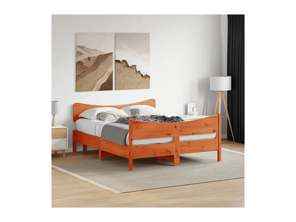 Estructura de cama sin colchón, color marrón cera, 140x200cm, madera maciza de pino
