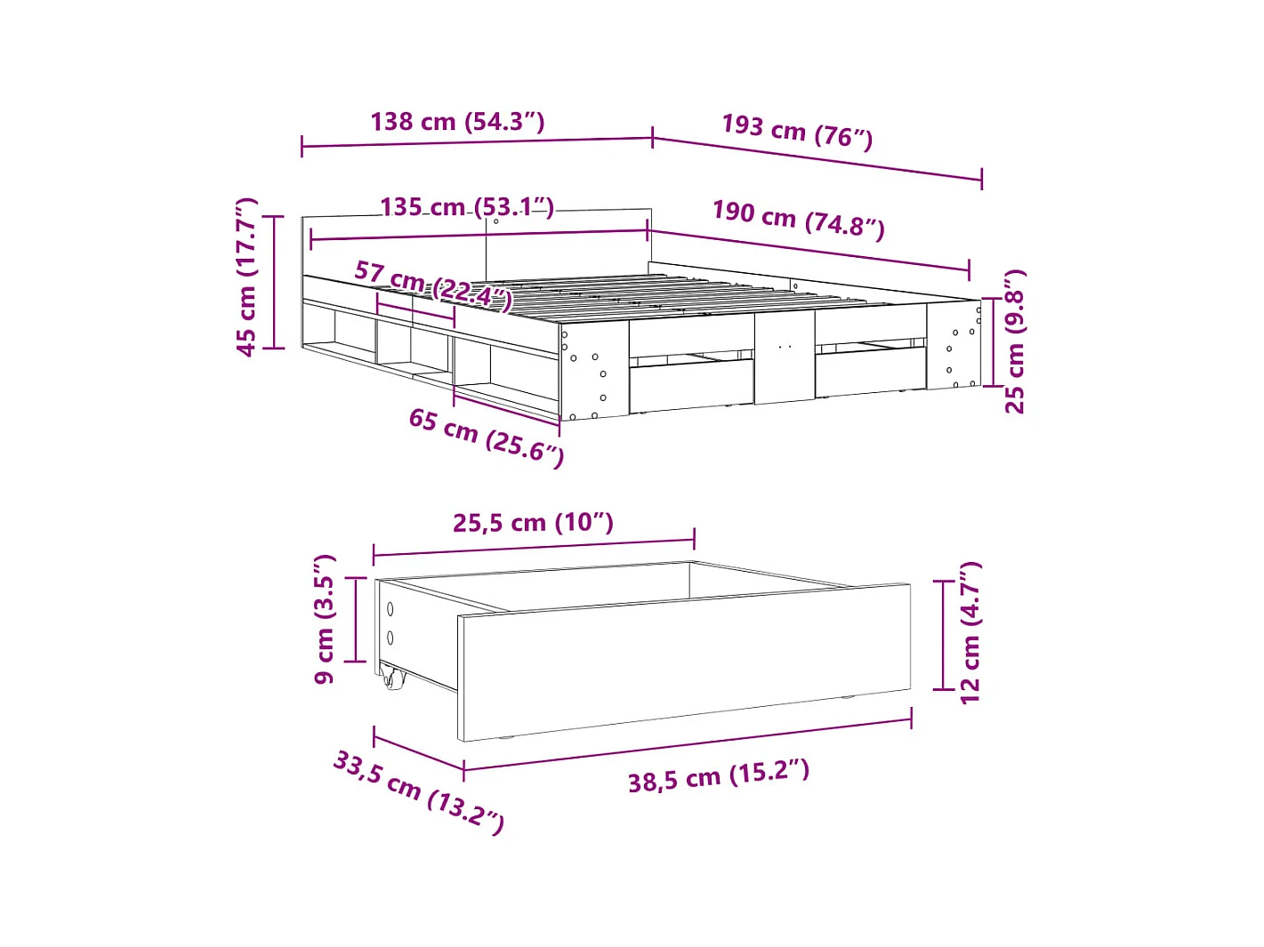 Bedframe met lades zonder matras wit 135x190 cm
