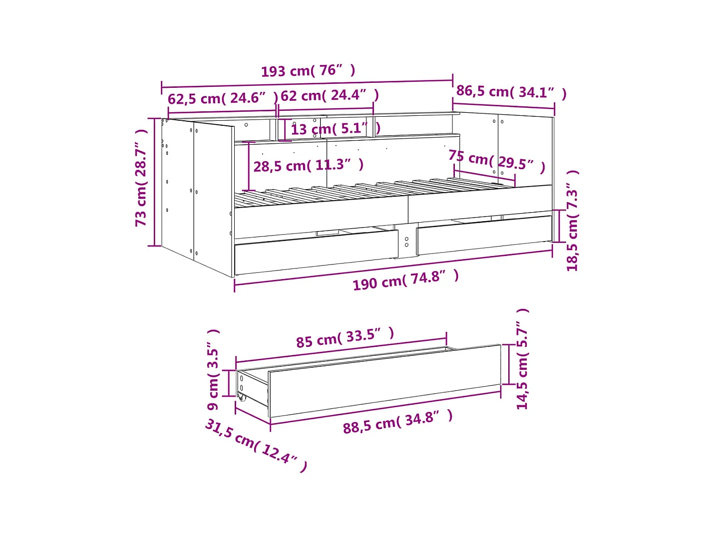 Dagbed met lades zonder matras betongrijs 75x190 cm