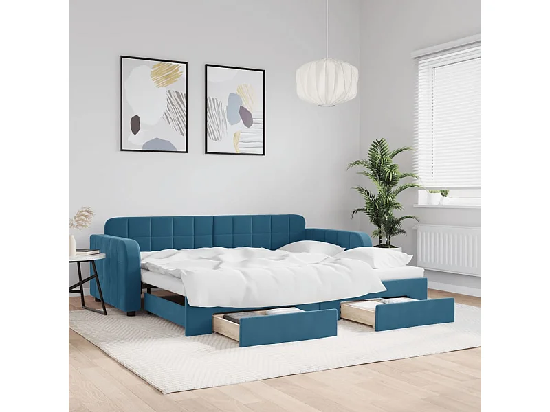 Divano letto con letto estraibile e cassetti senza materasso blu 90x200 cm