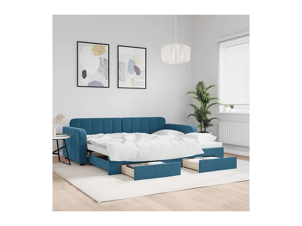 Divano letto con letto estraibile e cassetti senza materasso blu 90x200 cm