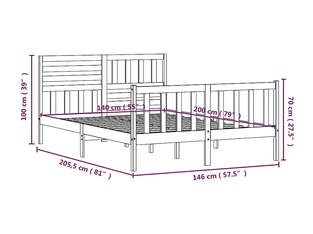 Cadre de lit sans matelas blanc bois massif 140x200 cm