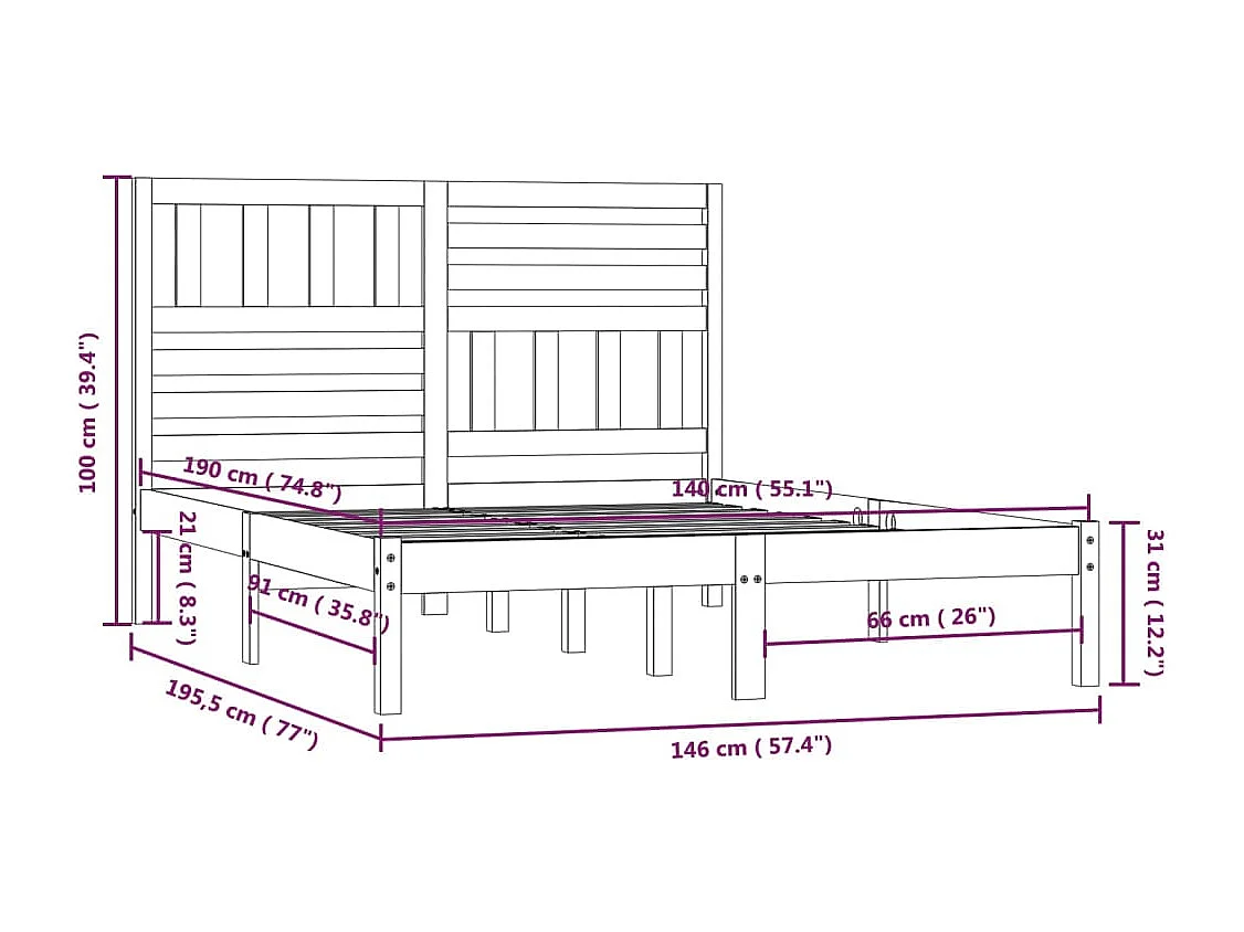 Estructura de cama sin colchón de madera maciza de pino 140x190 cm