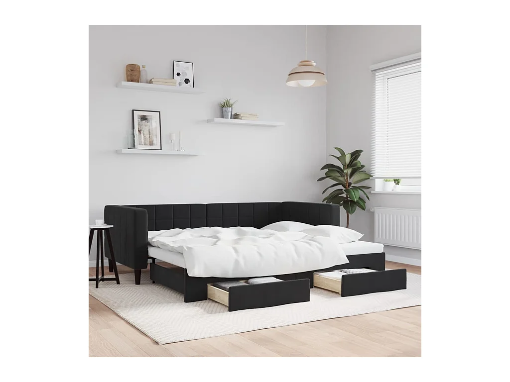 Divano letto con rotelle e cassetti senza materasso nero 90x200 cm