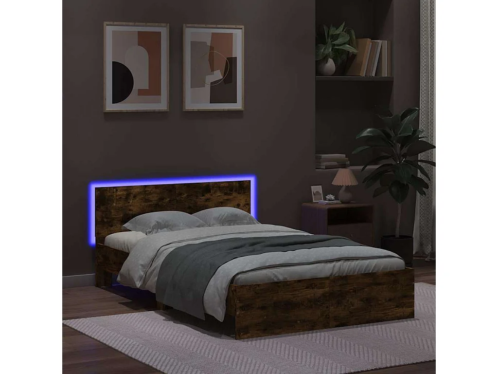 Cadre de lit avec tête de lit et LED chêne fumé 120x190 cm