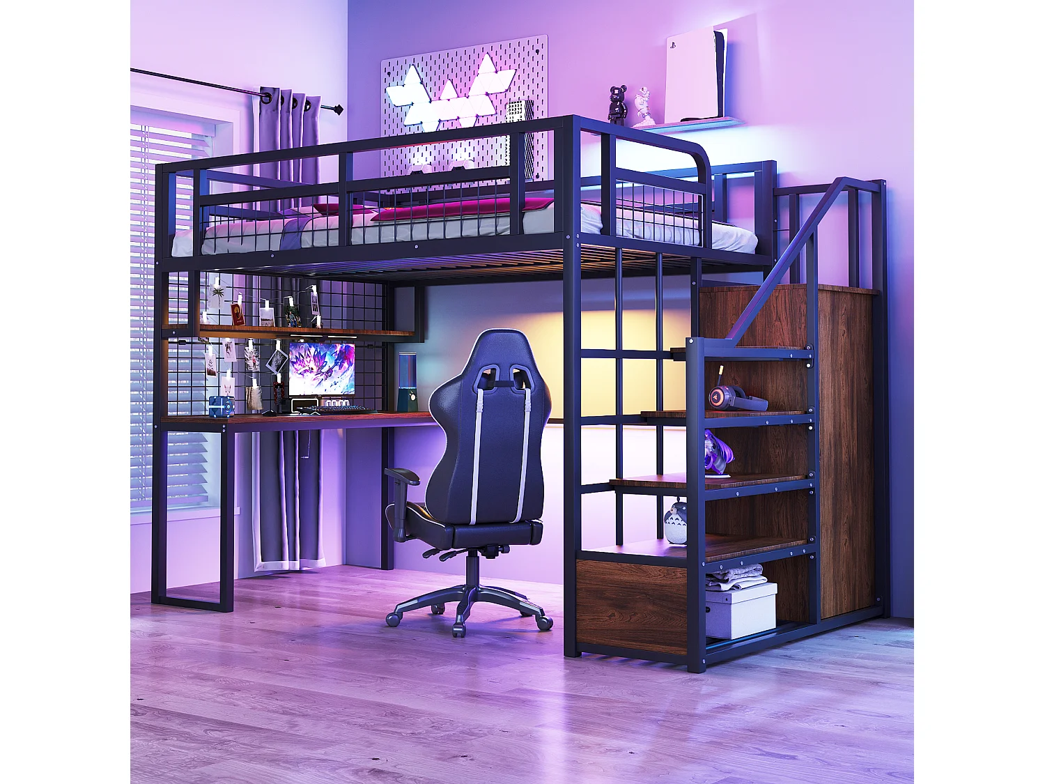 Lit mezzanine en métal avec échelle de rangement, armoire simple, étagère et table, cadre métallique noir (253x148x180 cm)