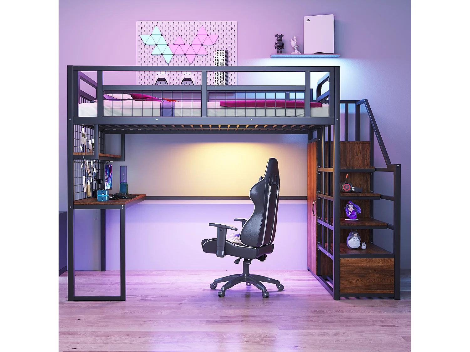 Lit mezzanine en métal avec échelle de rangement, armoire simple, étagère et table, cadre métallique noir (253x148x180 cm)