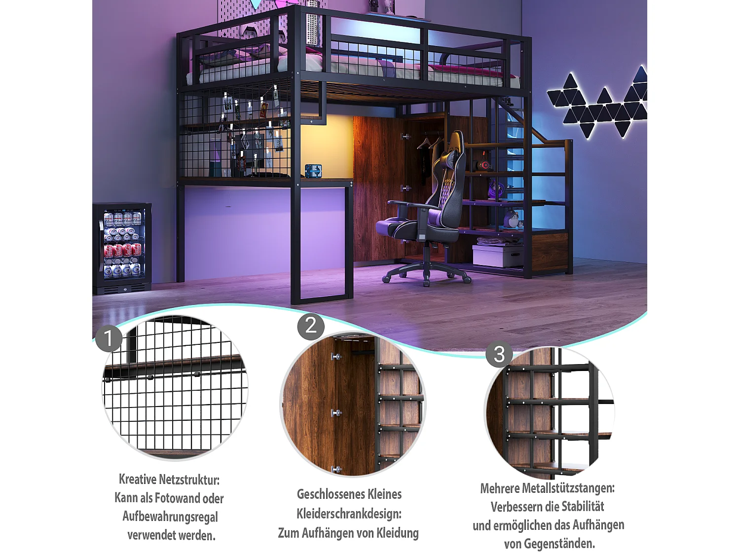 Lit mezzanine en métal avec échelle de rangement, armoire simple, étagère et table, cadre métallique noir (253x148x180 cm)