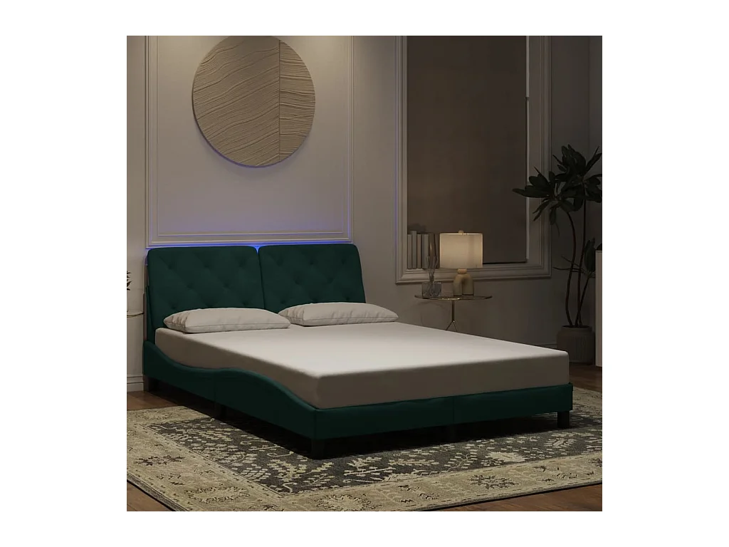 Struttura letto con luci LED verde scuro 140x200 cm velluto