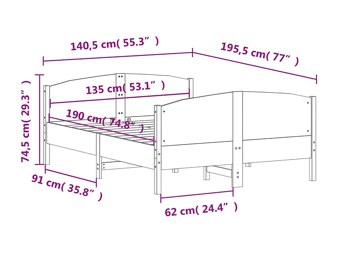 Cadre de lit sans matelas cire marron 135x190cm bois pin massif