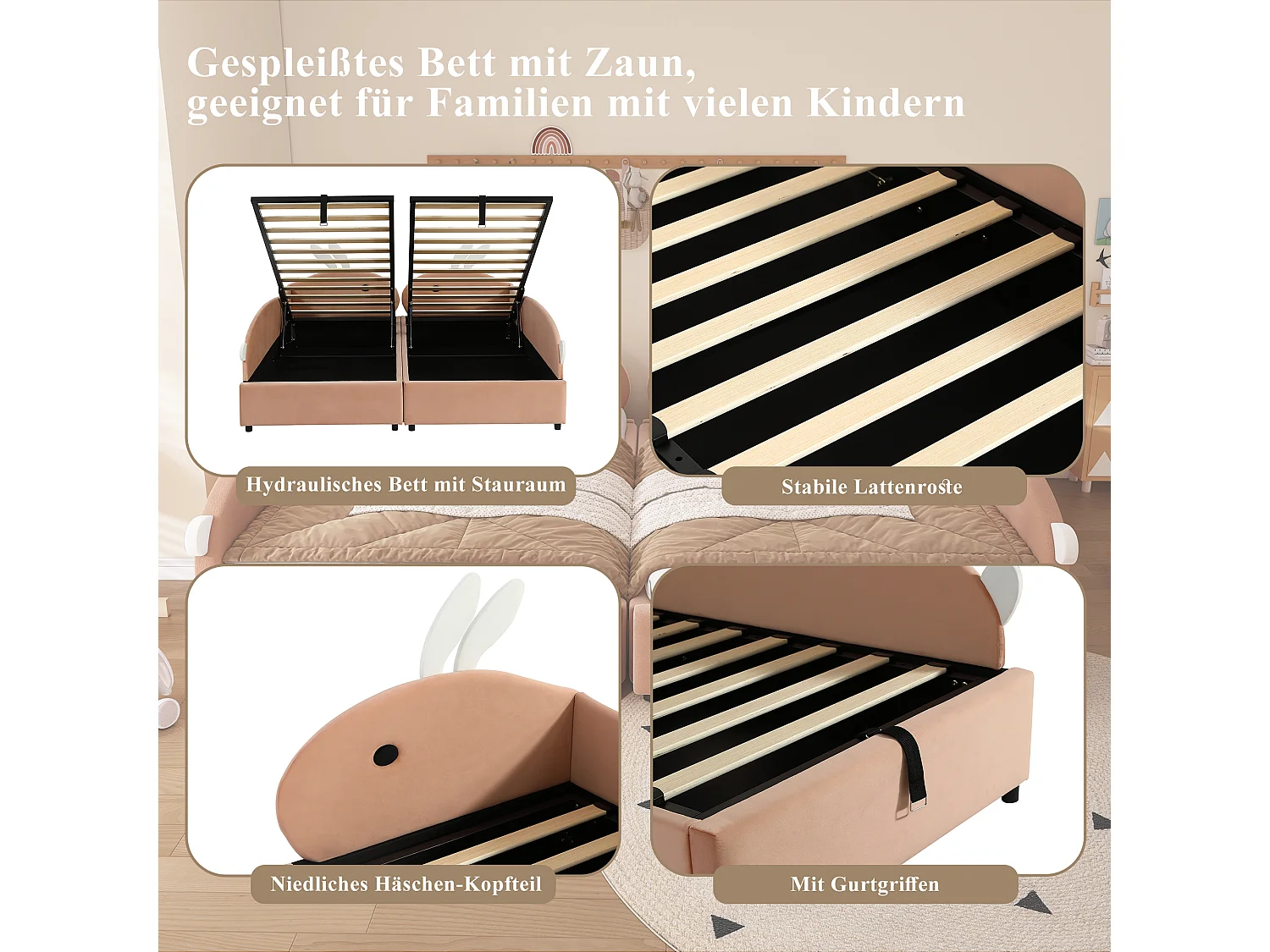 Lit pour enfant 90x200 cm, design tête de lit lapin, lit avec espace de rangement hydraulique, barrière douce élevée (205x93.5x92 cm)