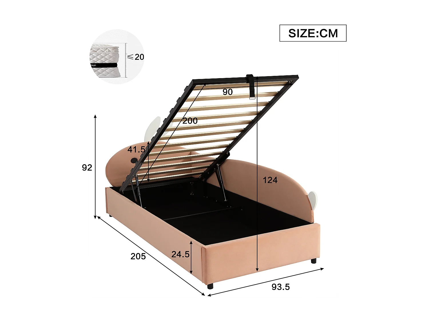 Lit pour enfant 90x200 cm, design tête de lit lapin, lit avec espace de rangement hydraulique, barrière douce élevée (205x93.5x92 cm)