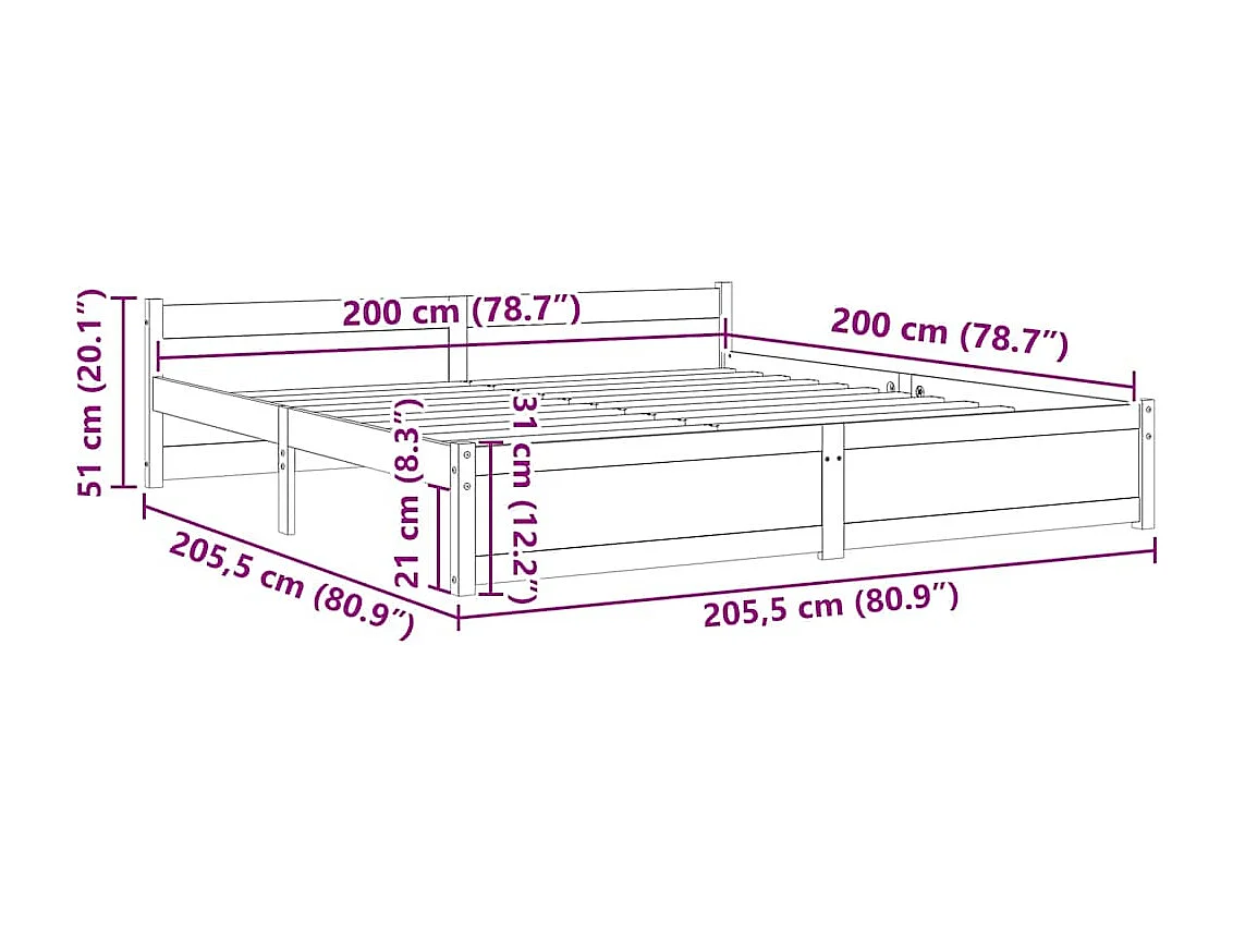Bedframe zonder matras wit massief hout 200x200 cm