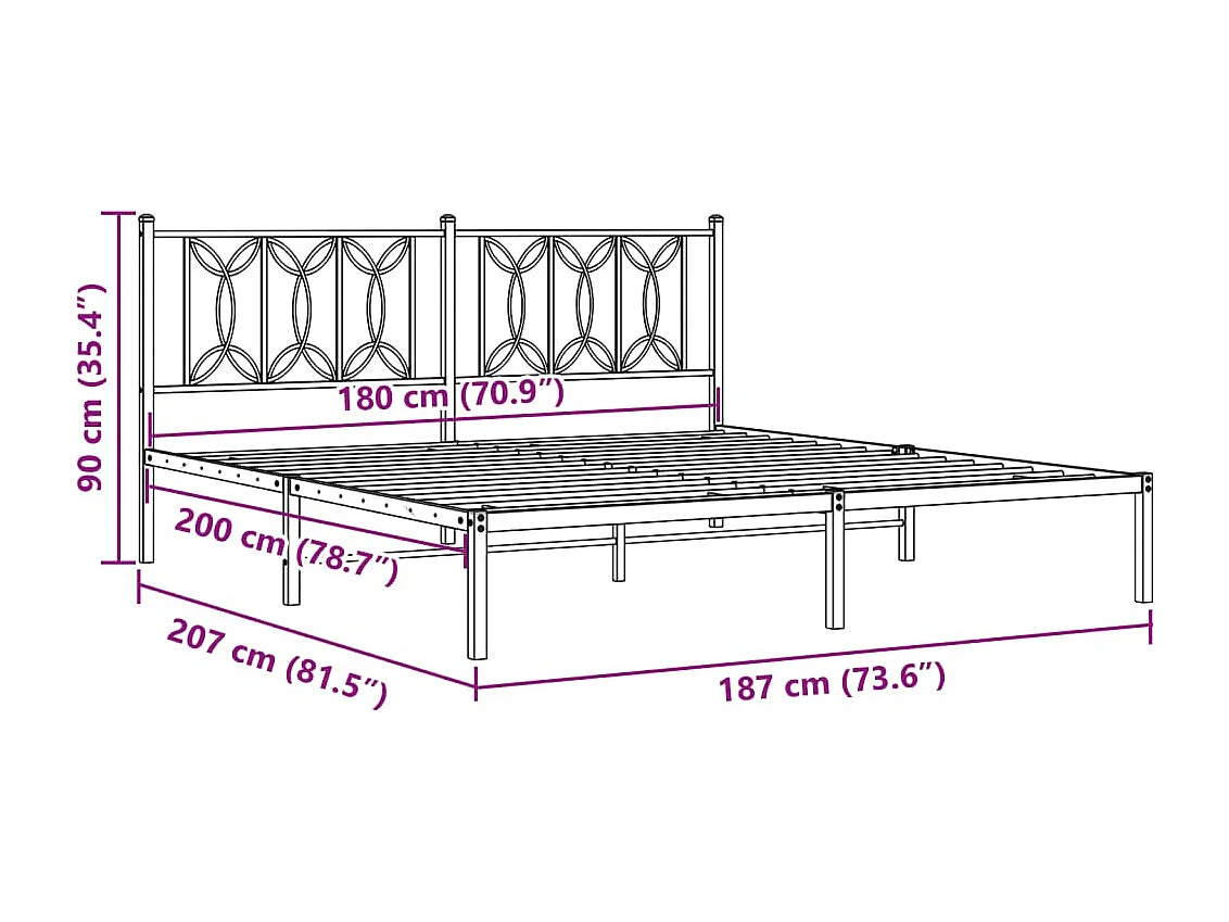 Struttura letto in metallo senza materasso e testiera nera 180x200 cm