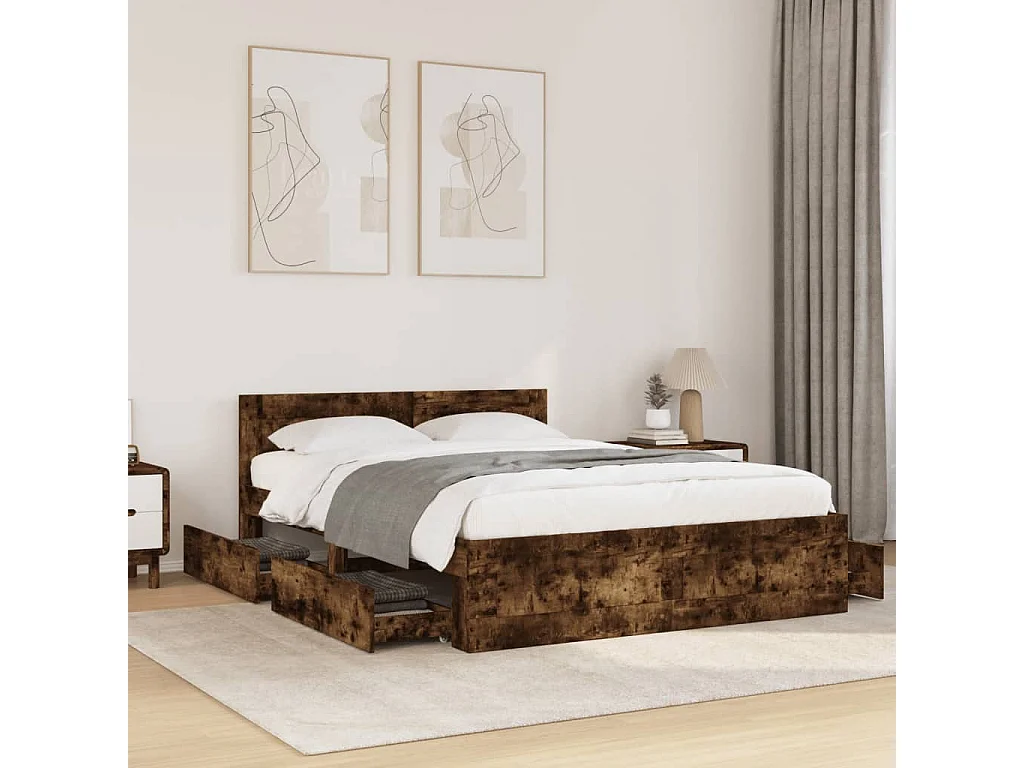 Cadre de lit et tête de lit sans matelas chêne fumé 140x200 cm