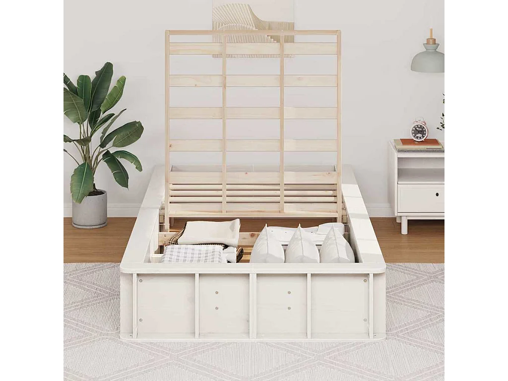 Struttura letto con contenitore Bianco 210 x 118 x 30 cm Pino massello