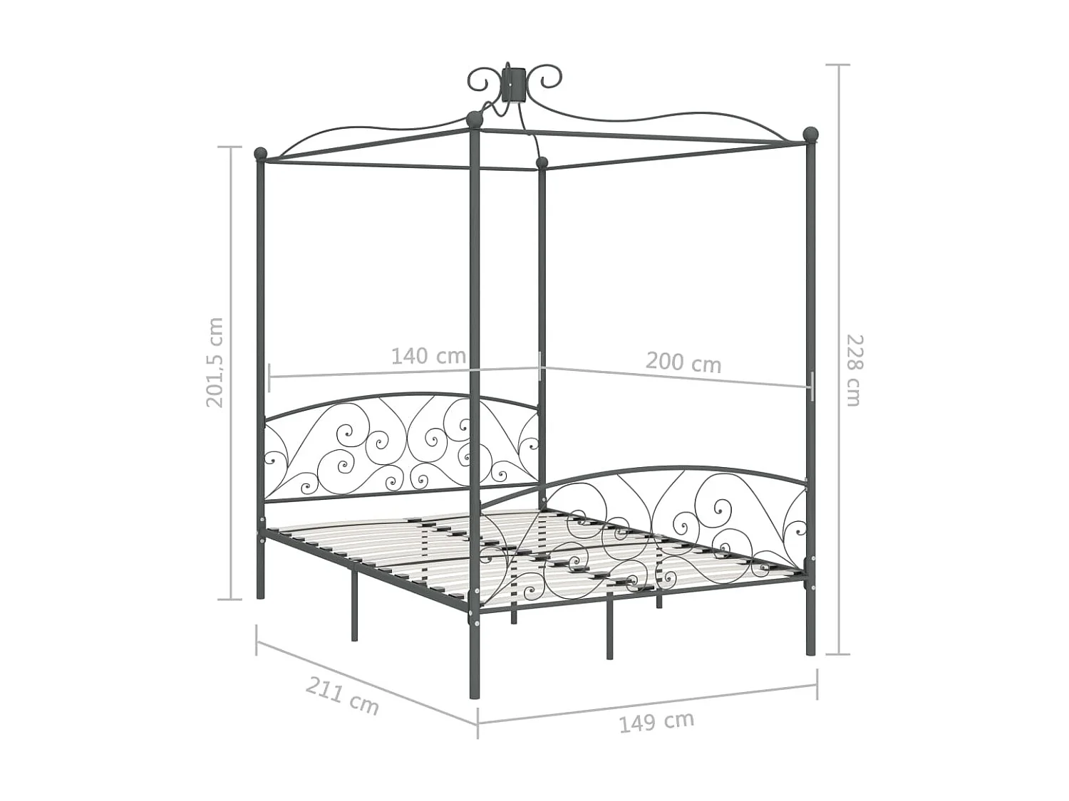 Struttura letto a baldacchino senza materasso in metallo grigio 140x200 cm