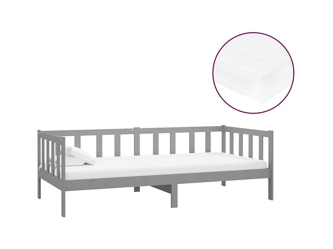 Lit de repos avec matelas 90x200 cm Gris Bois de pin massif