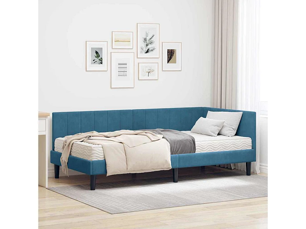 Estructura de cama esquinera con colchón Azul 90 x 200 cm Terciopelo