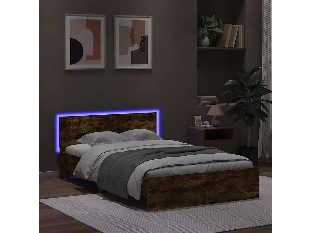 Bedframe met hoofdbord en LED gerookt eiken 140x200 cm