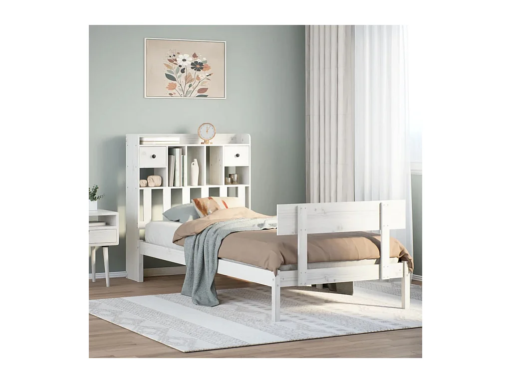 Letto libreria bianco senza materasso 75x190cm in legno massello di pino