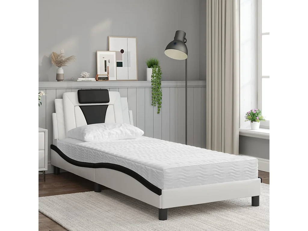 Lit avec matelas blanc et noir 90x190 cm similicuir