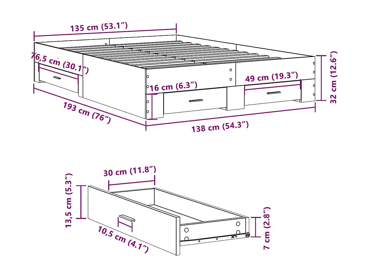 Estructura de cama con cajones sin colchón roble sonoma 135x190 cm