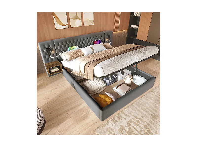 Lit double 180x200 cm avec tête de lit LED, 2 tables de nuit, rangement hydraulique, velours gris (267x213x105 cm)