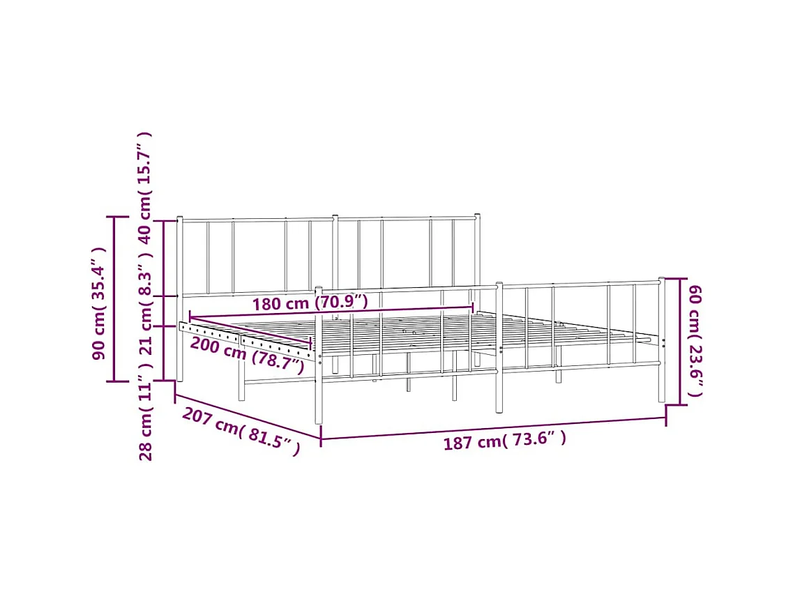 Struttura letto in metallo senza materasso con pediera nera 180x200cm