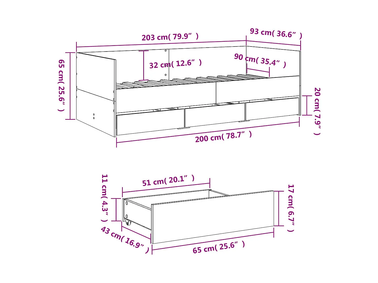 Lit de jour avec tiroirs sans matelas sonoma gris 90x200 cm