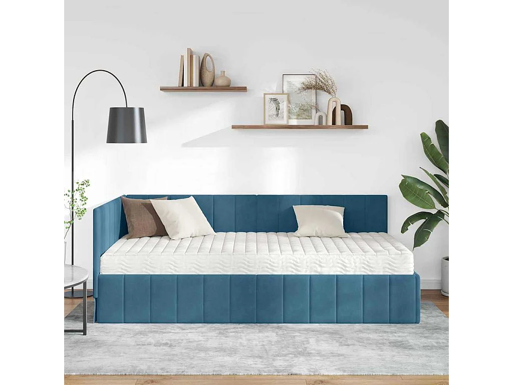 Cadre de lit d'angle avec matelas Bleu 100 x 200 cm Velours